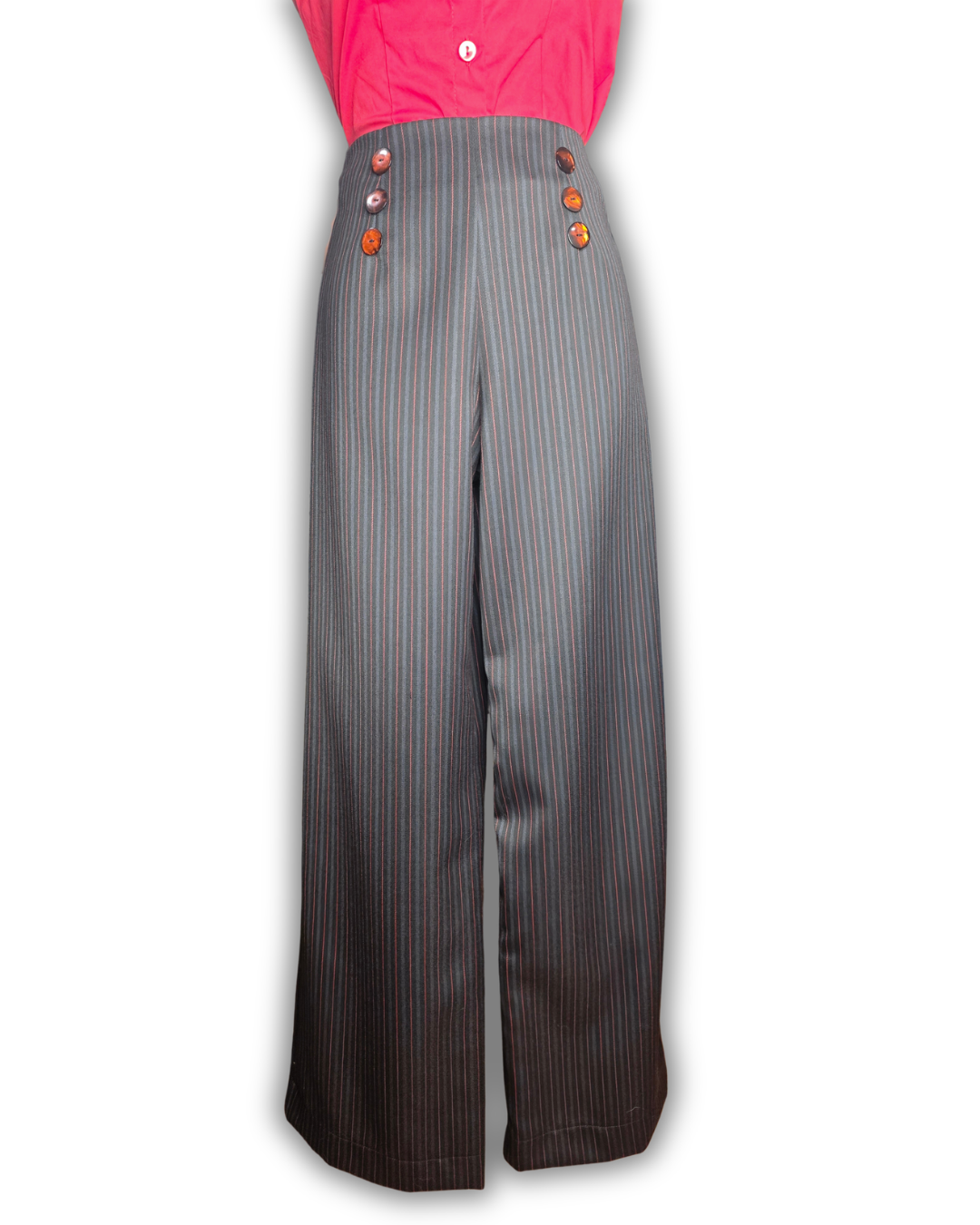 Ruby De Vine handmade ladies swing pants with natural waist, six-button front and vintage wide-leg fit, handmade on the Gold Coast, Australia.