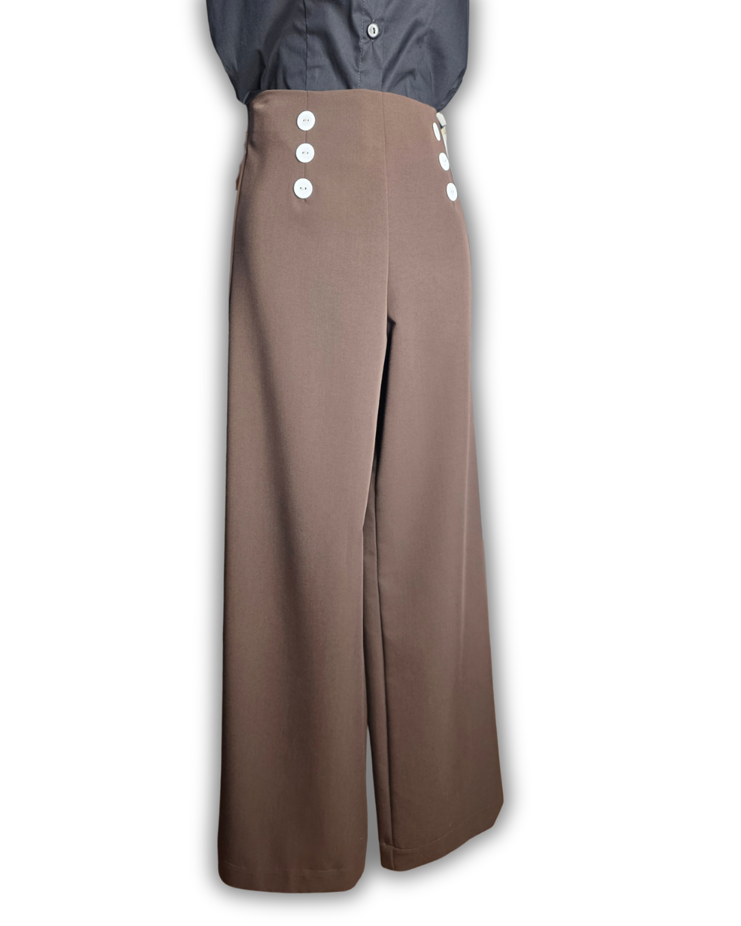 Ruby De Vine handmade ladies swing pants with natural waist, six-button front and vintage wide-leg fit, handmade on the Gold Coast, Australia.