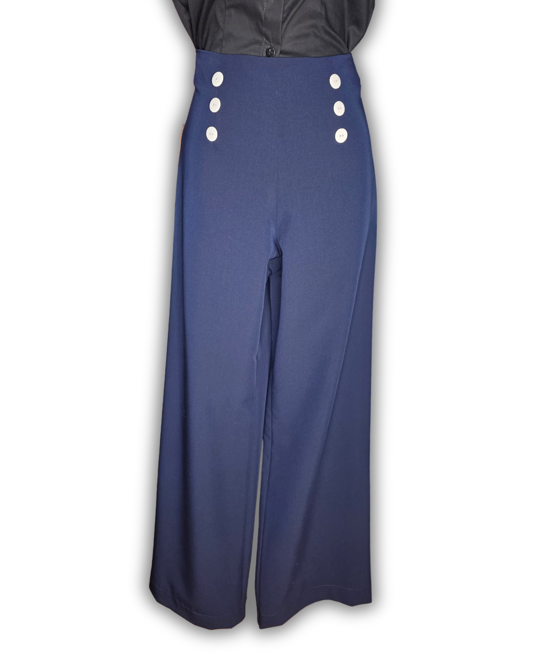 Ruby De Vine handmade ladies swing pants with natural waist, six-button front and vintage wide-leg fit, handmade on the Gold Coast, Australia.