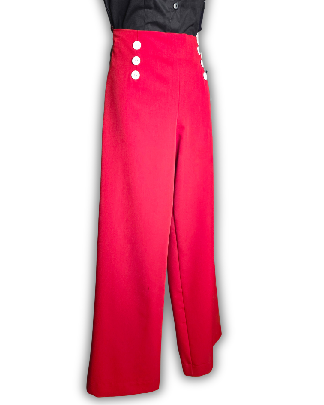 Ruby De Vine handmade ladies swing pants with natural waist, six-button front and vintage wide-leg fit, handmade on the Gold Coast, Australia.