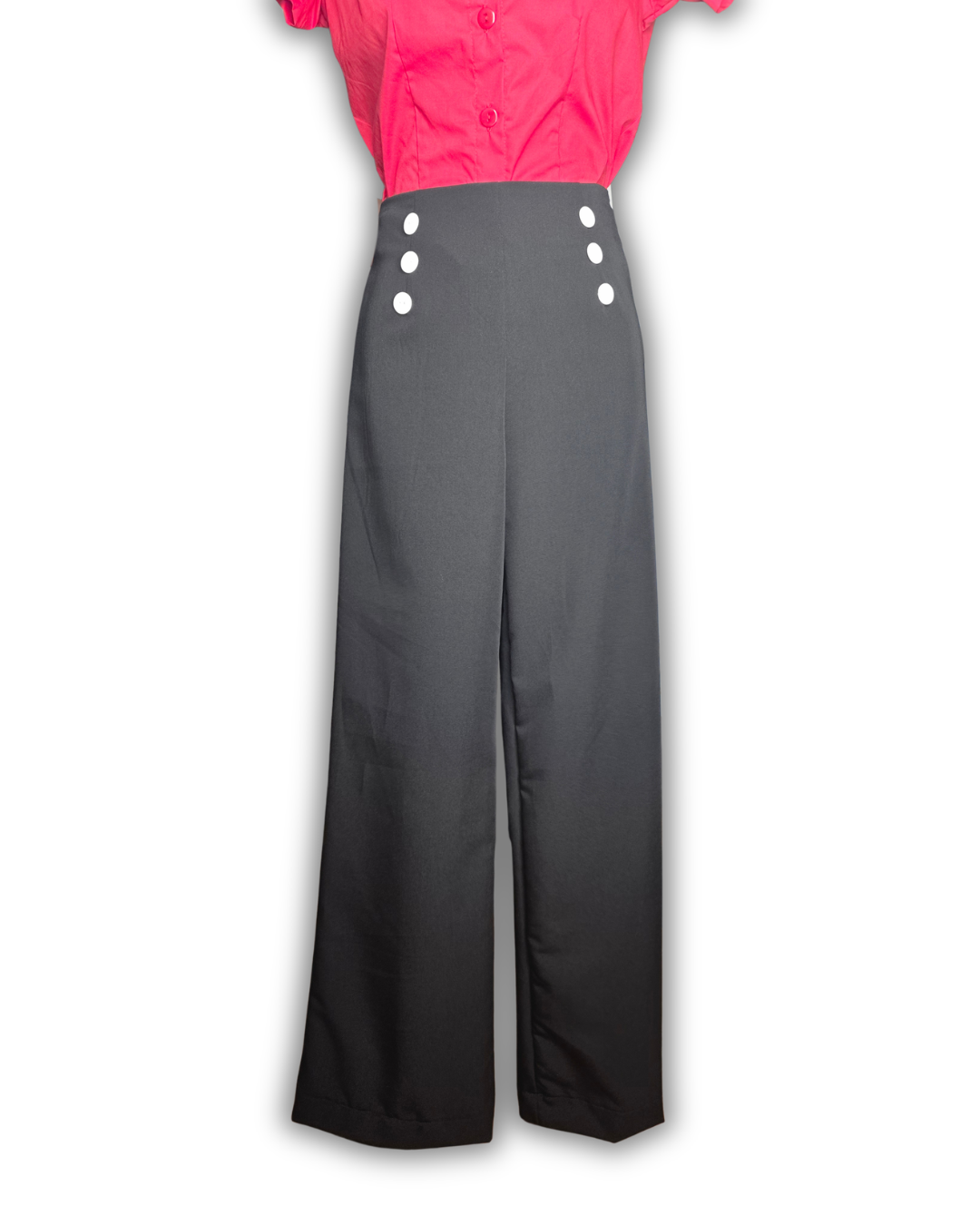 Ruby De Vine handmade ladies swing pants with natural waist, six-button front and vintage wide-leg fit, handmade on the Gold Coast, Australia.