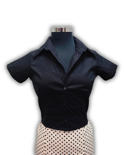 Ruby De Vine ladies blouse handmade on the Gold Coast featuring a slim-fit stretch cotton design with short sleeves and a classic collar.