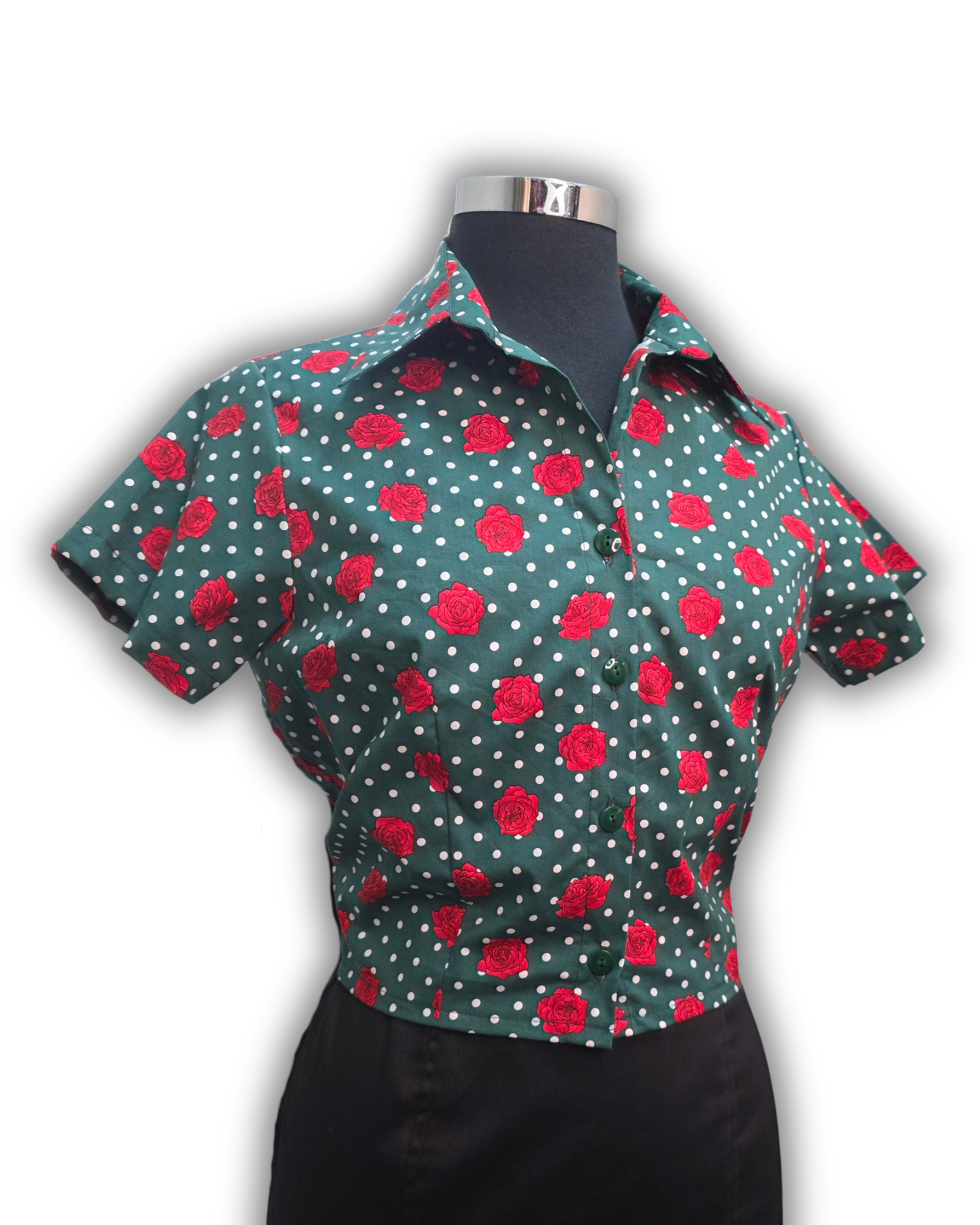 Ruby De Vine ladies blouse handmade on the Gold Coast featuring a slim-fit stretch cotton design with short sleeves and a classic collar.