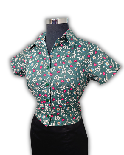 Ruby De Vine ladies blouse handmade on the Gold Coast featuring a slim-fit stretch cotton design with short sleeves and a classic collar.