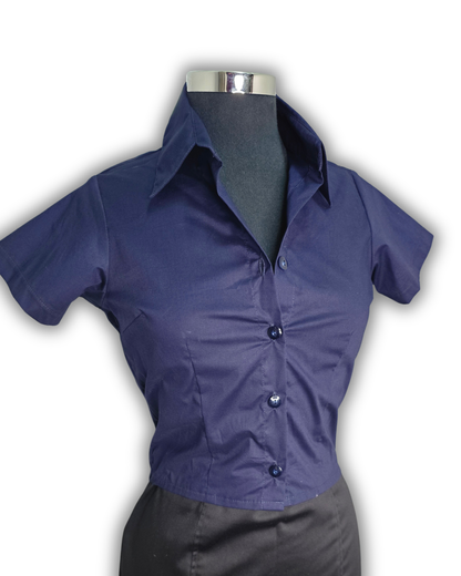 Ruby De Vine ladies blouse handmade on the Gold Coast featuring a slim-fit stretch cotton design with short sleeves and a classic collar.