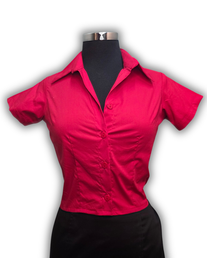 Ruby De Vine ladies blouse handmade on the Gold Coast featuring a slim-fit stretch cotton design with short sleeves and a classic collar.