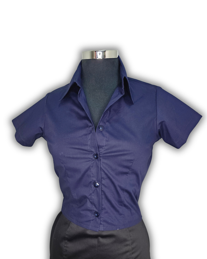 Ruby De Vine ladies blouse handmade on the Gold Coast featuring a slim-fit stretch cotton design with short sleeves and a classic collar.
