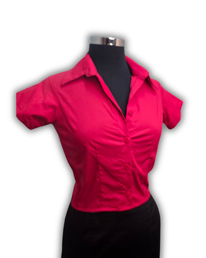 Ruby De Vine ladies blouse handmade on the Gold Coast featuring a slim-fit stretch cotton design with short sleeves and a classic collar.