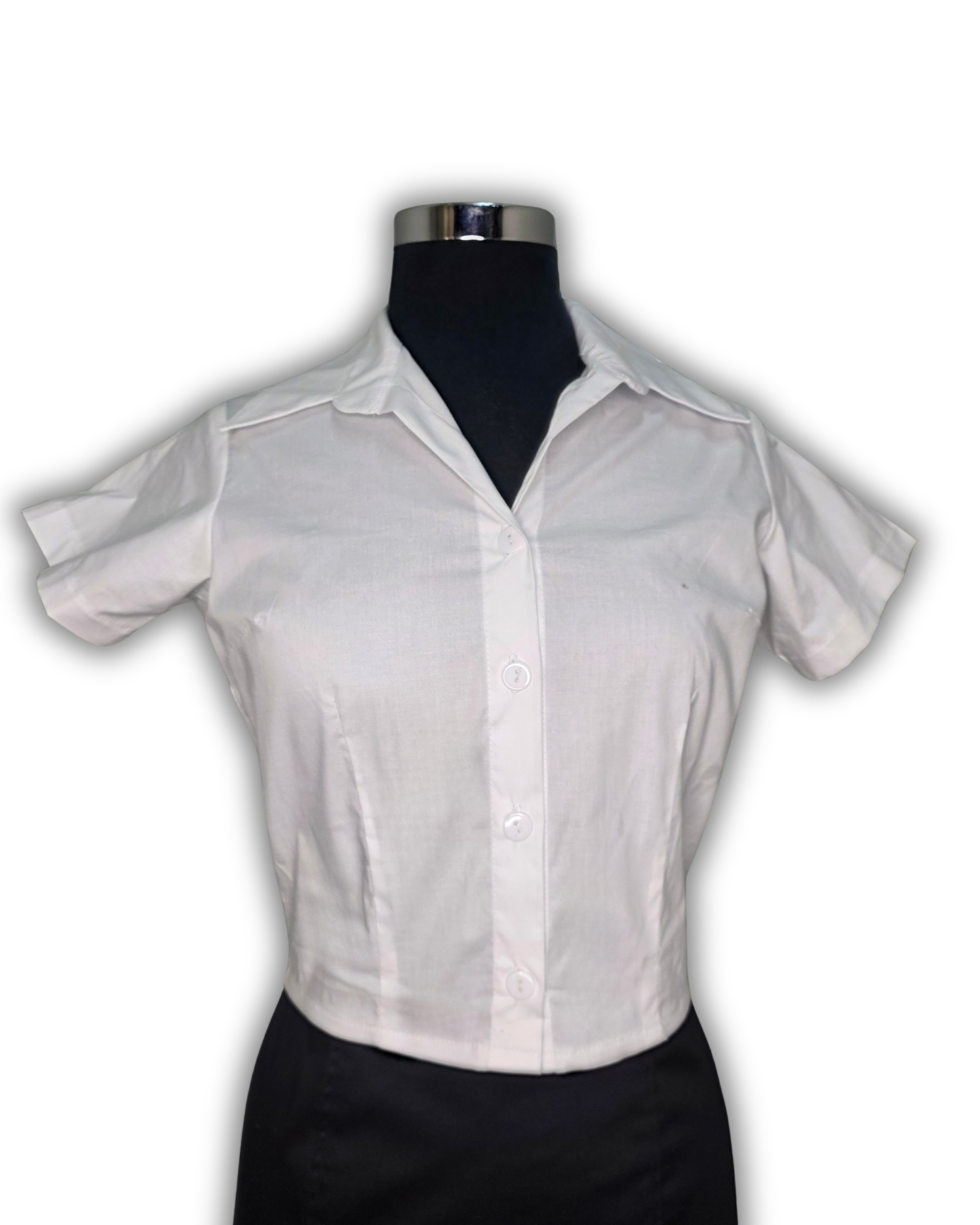 Ruby De Vine ladies blouse handmade on the Gold Coast featuring a slim-fit stretch cotton design with short sleeves and a classic collar.
