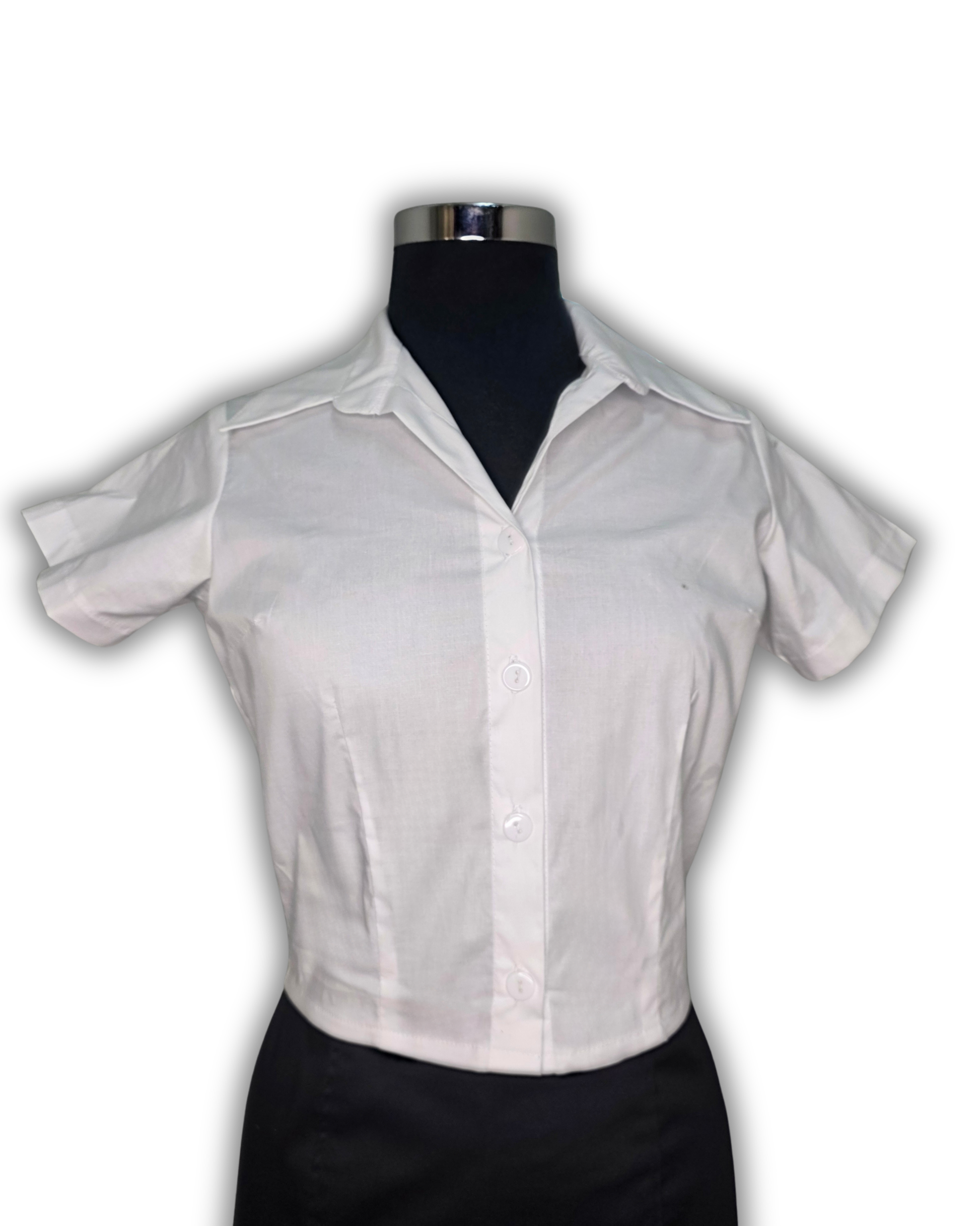 Ruby De Vine ladies blouse handmade on the Gold Coast featuring a slim-fit stretch cotton design with short sleeves and a classic collar.
