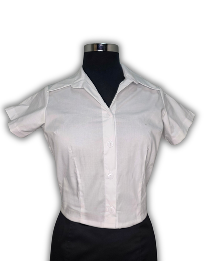 Ruby De Vine ladies blouse handmade on the Gold Coast featuring a slim-fit stretch cotton design with short sleeves and a classic collar.
