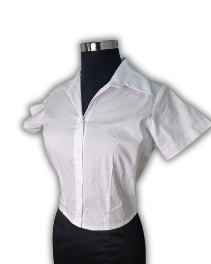 Ruby De Vine ladies blouse handmade on the Gold Coast featuring a slim-fit stretch cotton design with short sleeves and a classic collar.