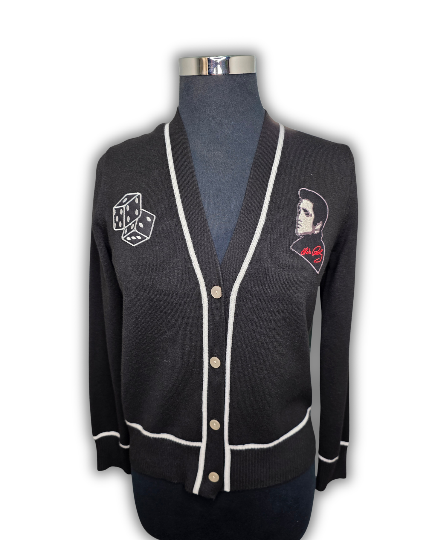 Ruby De Vine ladies rockabilly cardigan in black featuring hand-applied rockabilly-style patch decals, hand embellished on the Gold Coast, Australia.