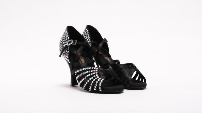 Ladies 3 Inch Heel, 7 Strap Vamp, High Performance Latin Dance Shoe In Black Satin with Suede Sole- (S125BC) - Rockabilly Australia Pty Ltd