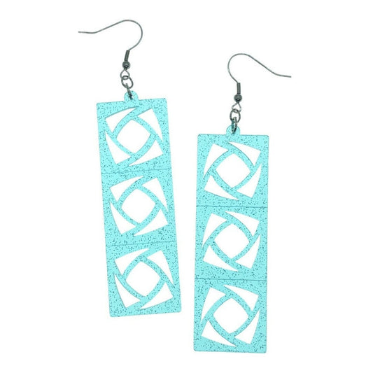 Acrylic Breeze Block Earrings. Pin - Wheel style Screen Blocks. Blue Glitter Fairy Dust Acrylic. Mid Century Modern Style Earrings. 1950s - Rockabilly Australia Pty Ltd