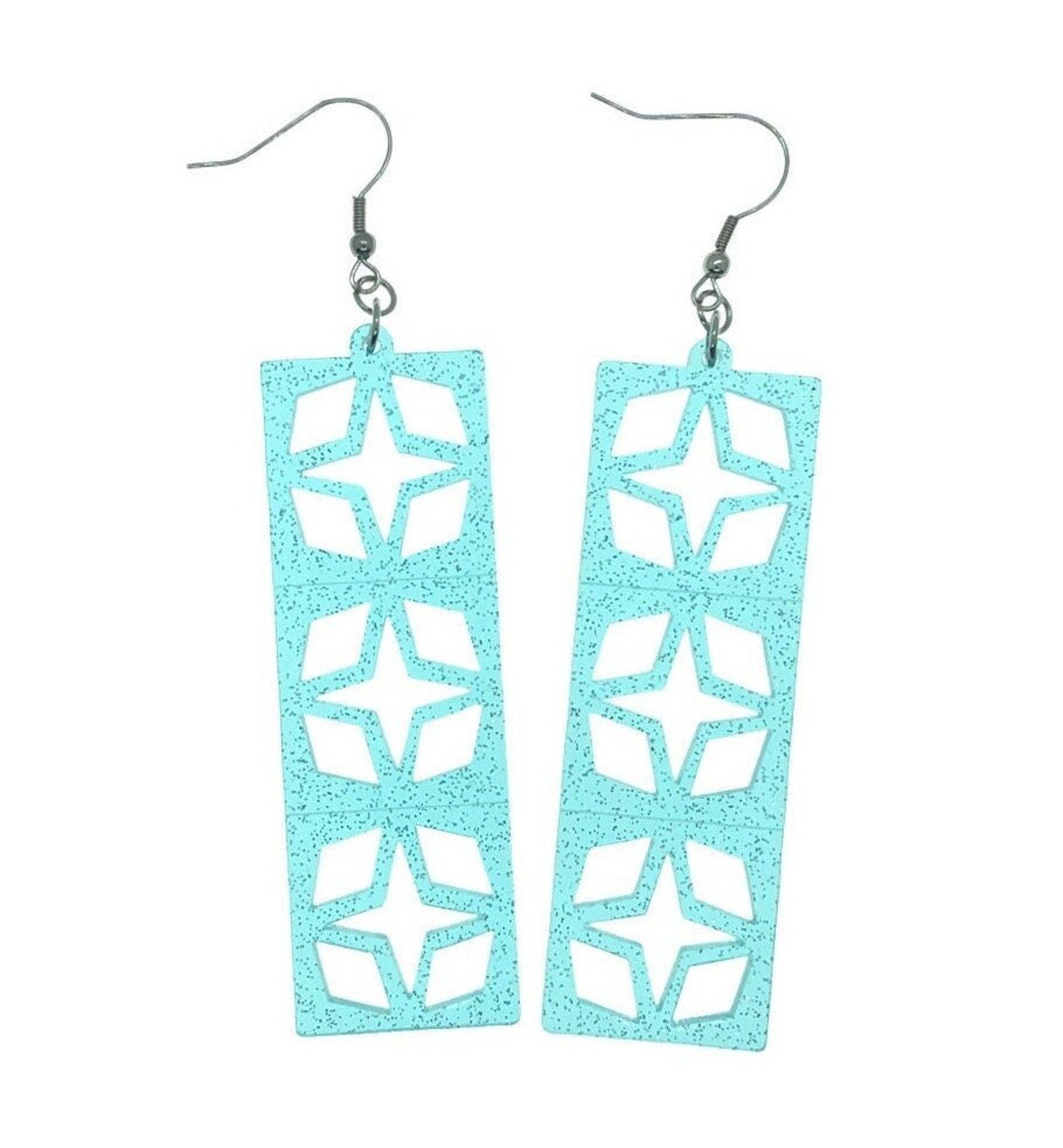 Acrylic Breeze Block Earrings. Western style Screen Blocks. Specialty Blue Glitter Acrylic. Mid Century Modern Style Earrings. 1950s Atomic. - Rockabilly Australia Pty Ltd