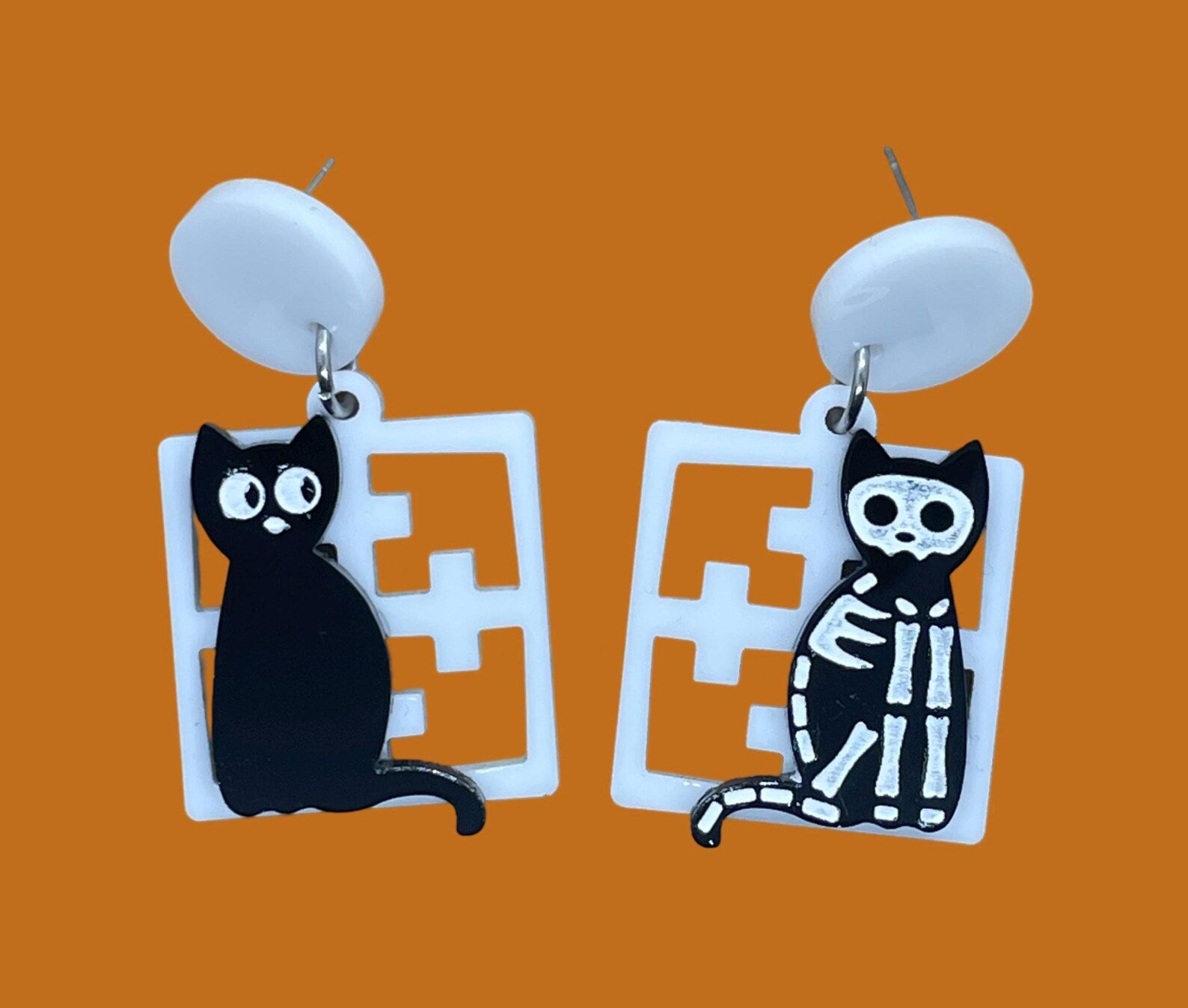 Black Cat Spooky Breeze Block Earrings. Halloween Cat Earrings. Acrylic Earrings. Black and white Cat Earrings. Cross design Screen Blocks - Rockabilly Australia Pty Ltd