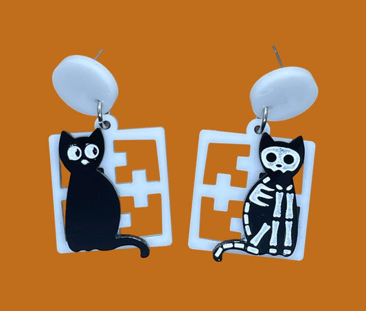 Black Cat Spooky Breeze Block Earrings. Halloween Cat Earrings. Acrylic Earrings. Black and white Cat Earrings. Cross design Screen Blocks - Rockabilly Australia Pty Ltd
