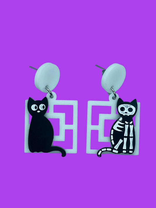 Black Cat Spooky Breeze Block Earrings. Halloween Cat Earrings. Acrylic Earrings. Black and white Cat Earrings. Double Square Screen Blocks - Rockabilly Australia Pty Ltd