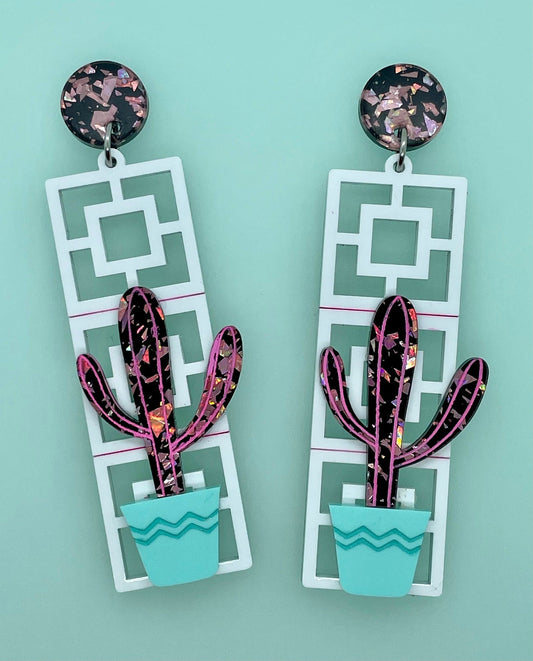 Cactus & Breeze Block Acrylic Earrings, Vista - Vue Breeze Blocks, Mid Century Modern Earrings, Palm Springs Style, 1960’s, Cactus Earrings - Rockabilly Australia Pty Ltd