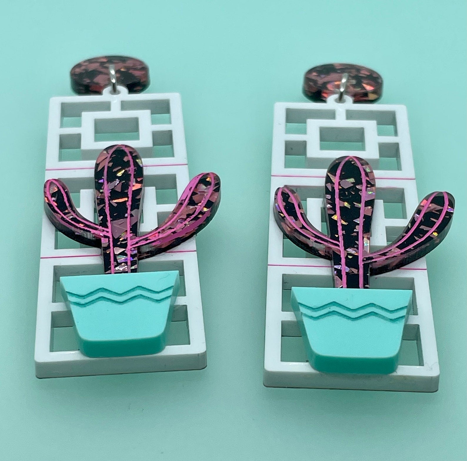 Cactus & Breeze Block Acrylic Earrings, Vista - Vue Breeze Blocks, Mid Century Modern Earrings, Palm Springs Style, 1960’s, Cactus Earrings - Rockabilly Australia Pty Ltd