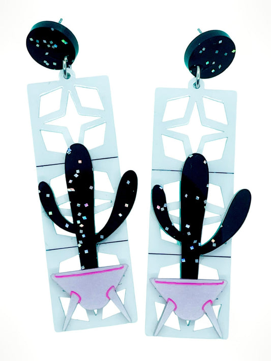 Cactus & Breeze Block Acrylic Earrings, Western Star Breeze Blocks, Sputnik, Mid Century Modern Earrings, Palm Springs Style, Cactus, VLV - Rockabilly Australia Pty Ltd