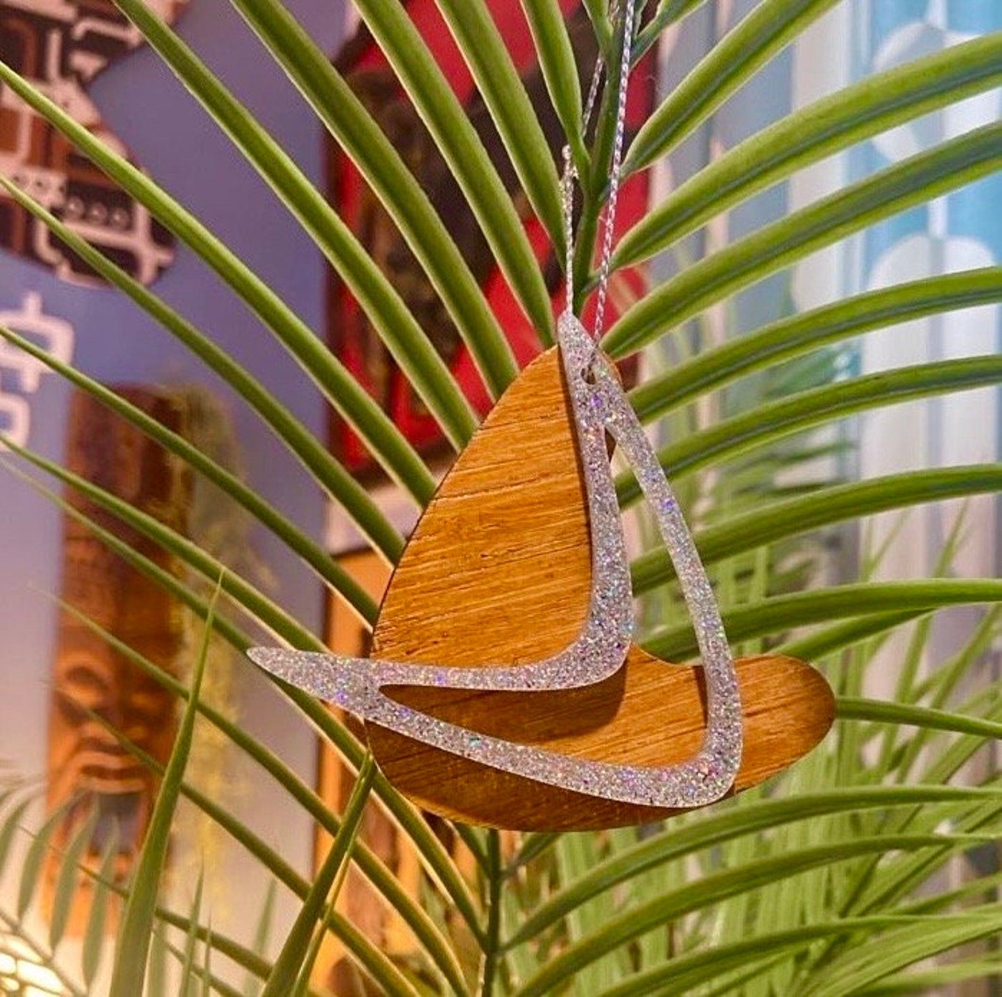 Christmas Atomic MCM Boomerang shaped Decoration, Space Age, Silver Glitter Acrylic and Bamboo Christmas Tree Decoration, 1950’s Style, - Rockabilly Australia Pty Ltd