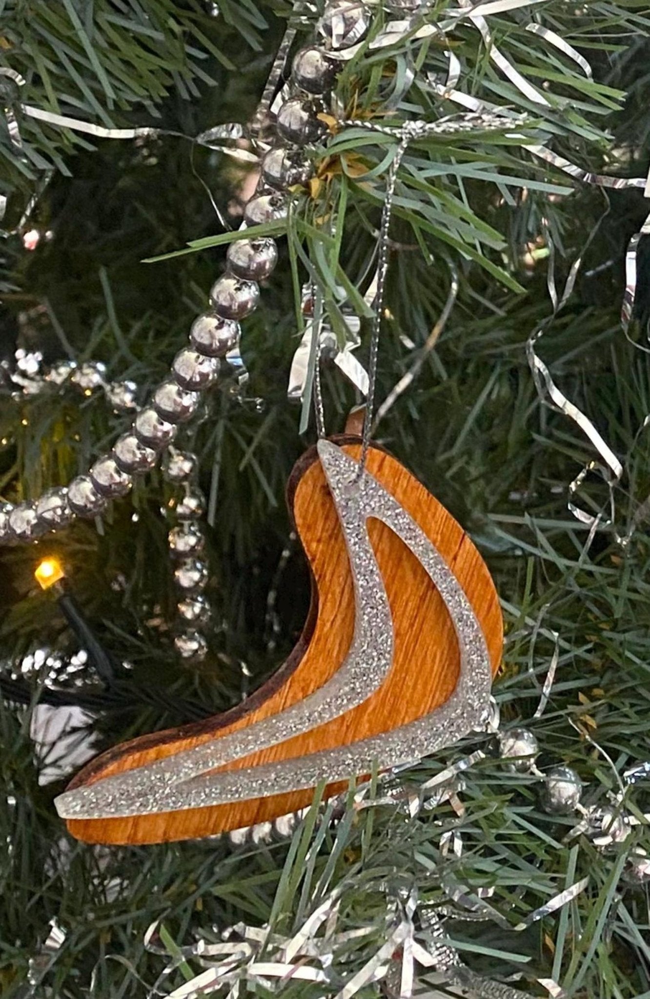 Christmas Atomic MCM Boomerang shaped Decoration, Space Age, Silver Glitter Acrylic and Bamboo Christmas Tree Decoration, 1950’s Style, - Rockabilly Australia Pty Ltd