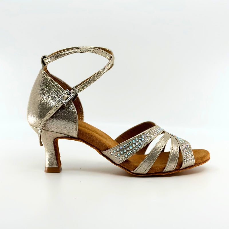 Elegant, Fixed Vamp Strap, 2.25 Inch Flared Heel, 2 Way adjustable Ankle strap, Shimmer Gold, Latin Dance Shoe with AB Rhinestone detailing - (40902G) - Rockabilly Australia Pty Ltd