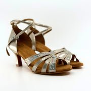 Elegant, Fixed Vamp Strap, 2.25 Inch Flared Heel, 2 Way adjustable Ankle strap, Shimmer Gold, Latin Dance Shoe with AB Rhinestone detailing - (40902G) - Rockabilly Australia Pty Ltd