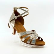 Elegant, Fixed Vamp Strap, 2.25 Inch Flared Heel, 2 Way adjustable Ankle strap, Shimmer Gold, Latin Dance Shoe with AB Rhinestone detailing - (40902G) - Rockabilly Australia Pty Ltd
