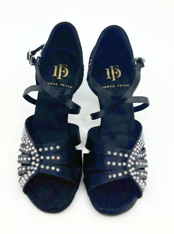 Elegant, Vintage Inspired, Fixed Vamp Strap, 2.25 Inch Flared Heel, 2 Way adjustable Ankle strap, Latin Dance Shoe with AB Rhinestone detailing - (1618BC) - Rockabilly Australia Pty Ltd