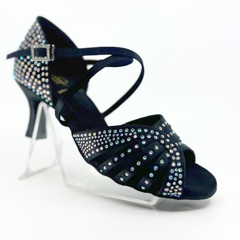 Elegant, Vintage Inspired, Fixed Vamp Strap, 2.25 Inch Flared Heel, 2 Way adjustable Ankle strap, Latin Dance Shoe with AB Rhinestone detailing - (1618BC) - Rockabilly Australia Pty Ltd