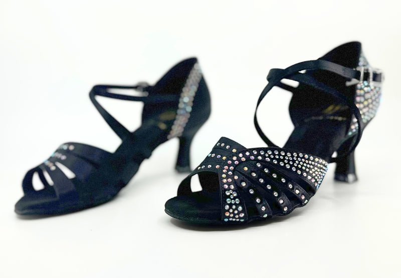 Elegant, Vintage Inspired, Fixed Vamp Strap, 2.25 Inch Flared Heel, 2 Way adjustable Ankle strap, Latin Dance Shoe with AB Rhinestone detailing - (1618BC) - Rockabilly Australia Pty Ltd