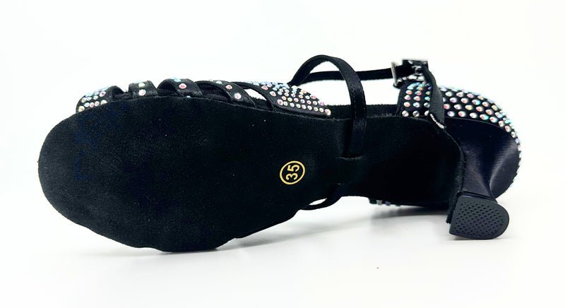Elegant, Vintage Inspired, Fixed Vamp Strap, 2.25 Inch Flared Heel, 2 Way adjustable Ankle strap, Latin Dance Shoe with AB Rhinestone detailing - (1618BC) - Rockabilly Australia Pty Ltd