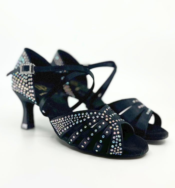Elegant, Vintage Inspired, Fixed Vamp Strap, 2.25 Inch Flared Heel, 2 Way adjustable Ankle strap, Latin Dance Shoe with AB Rhinestone detailing - (1618BC) - Rockabilly Australia Pty Ltd