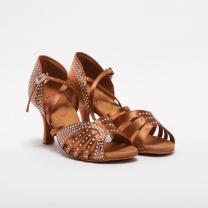 Elegant, Vintage Inspired, Fixed Vamp Strap, 2.5 Inch Flared Heel, 2 Way adjustable Ankle strap, Latin Dance Shoe with AB Rhinestone detailing - (1618TC) - Rockabilly Australia Pty Ltd