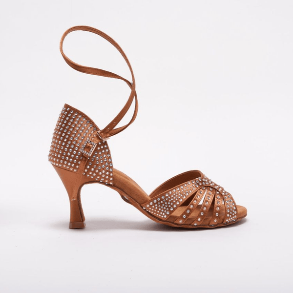 Elegant, Vintage Inspired, Fixed Vamp Strap, 2.5 Inch Flared Heel, 2 Way adjustable Ankle strap, Latin Dance Shoe with AB Rhinestone detailing - (1618TC) - Rockabilly Australia Pty Ltd