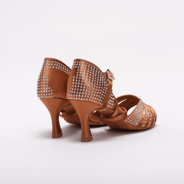 Elegant, Vintage Inspired, Fixed Vamp Strap, 2.5 Inch Flared Heel, 2 Way adjustable Ankle strap, Latin Dance Shoe with AB Rhinestone detailing - (1618TC) - Rockabilly Australia Pty Ltd