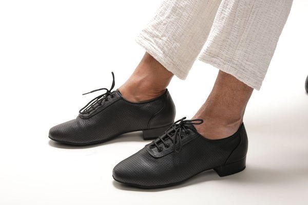 Gentlemen's, Black, Perforated, Nubuck Leather, Lace Up, Suede Sole, Standard Ballroom Dance Shoe - (7790) - Rockabilly Australia Pty Ltd