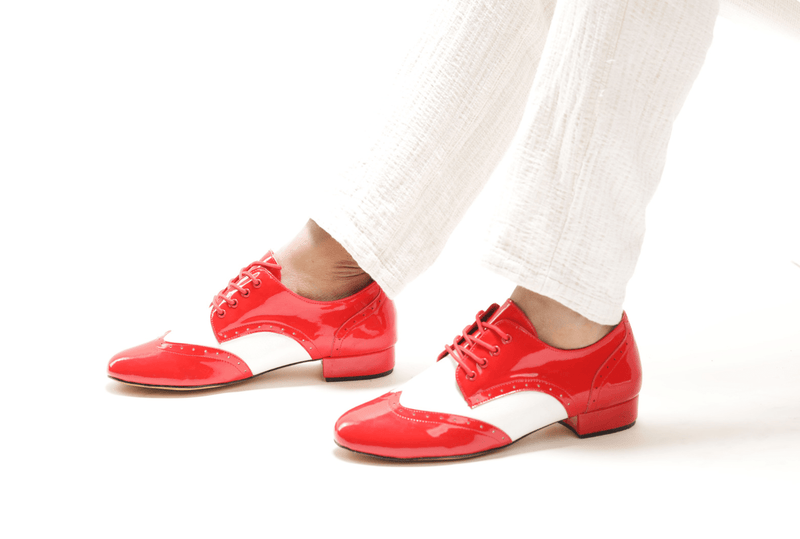 Gentlemen's, Classic, Brogue, Wingtip, White Leather with Red Patent accents, Rock N Roll, Dance Shoes - (7811RW) - Rockabilly Australia Pty Ltd