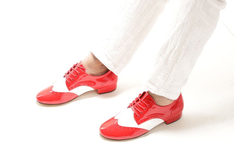 Gentlemen's, Classic, Brogue, Wingtip, White Leather with Red Patent accents, Rock N Roll, Dance Shoes - (7811RW) - Rockabilly Australia Pty Ltd