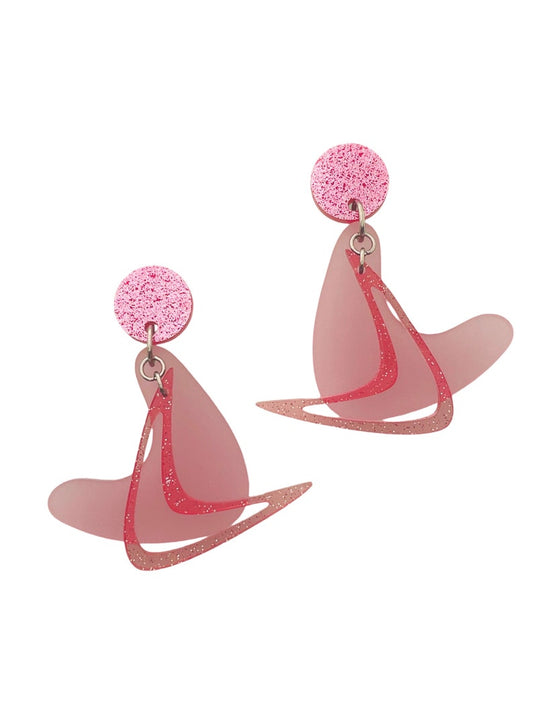 Mid-Century Modern, Atomic Boomerang shaped Earrings in Pink Acrylic