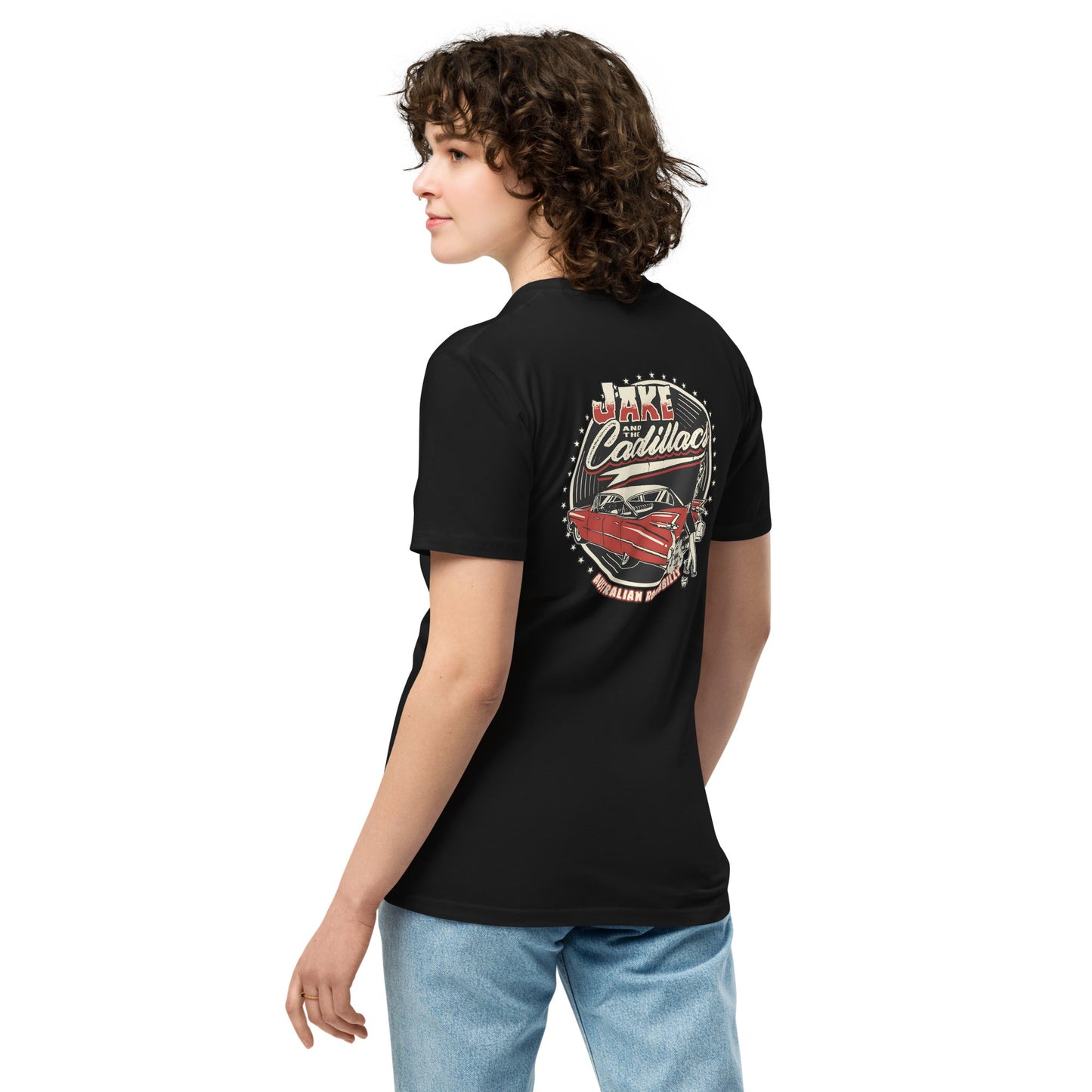 Jake and The Cadillacs Crew Style Tee - Shirt with Red Vince Ray Logo - Rockabilly Australia Pty Ltd