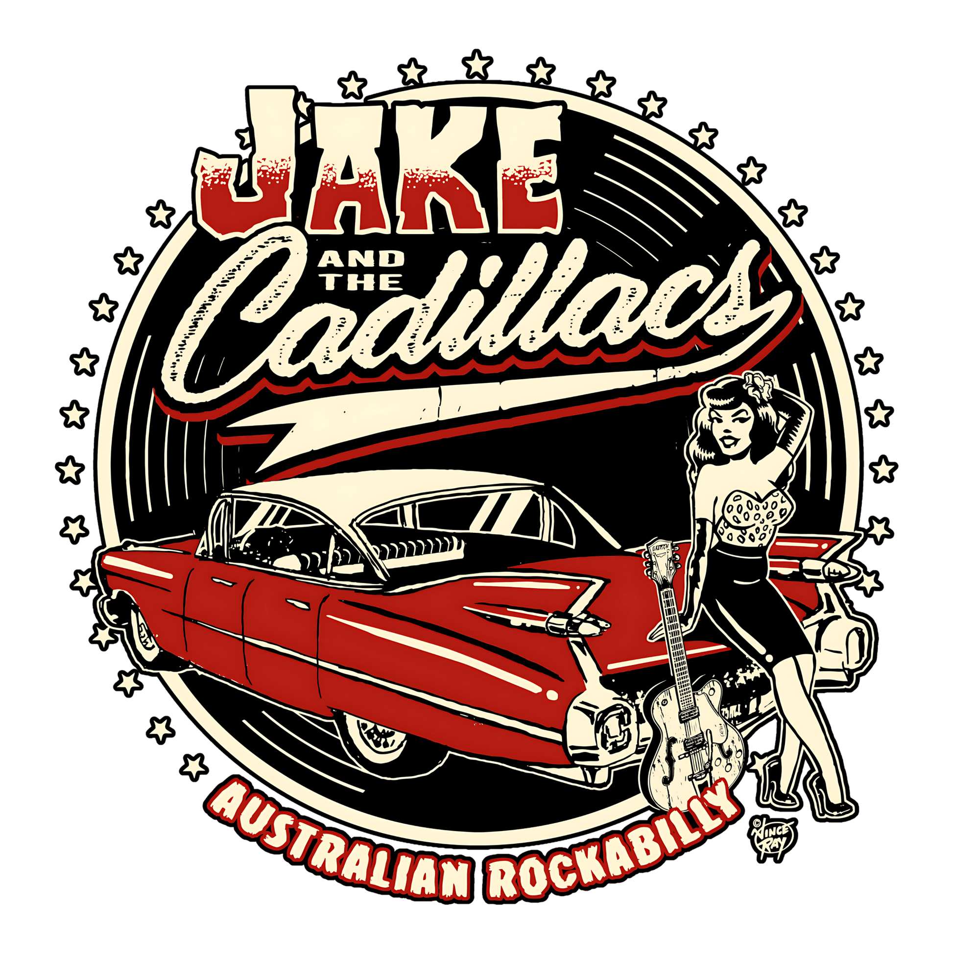 Jake and The Cadillacs Crew Style Tee - Shirt with Red Vince Ray Logo - Rockabilly Australia Pty Ltd