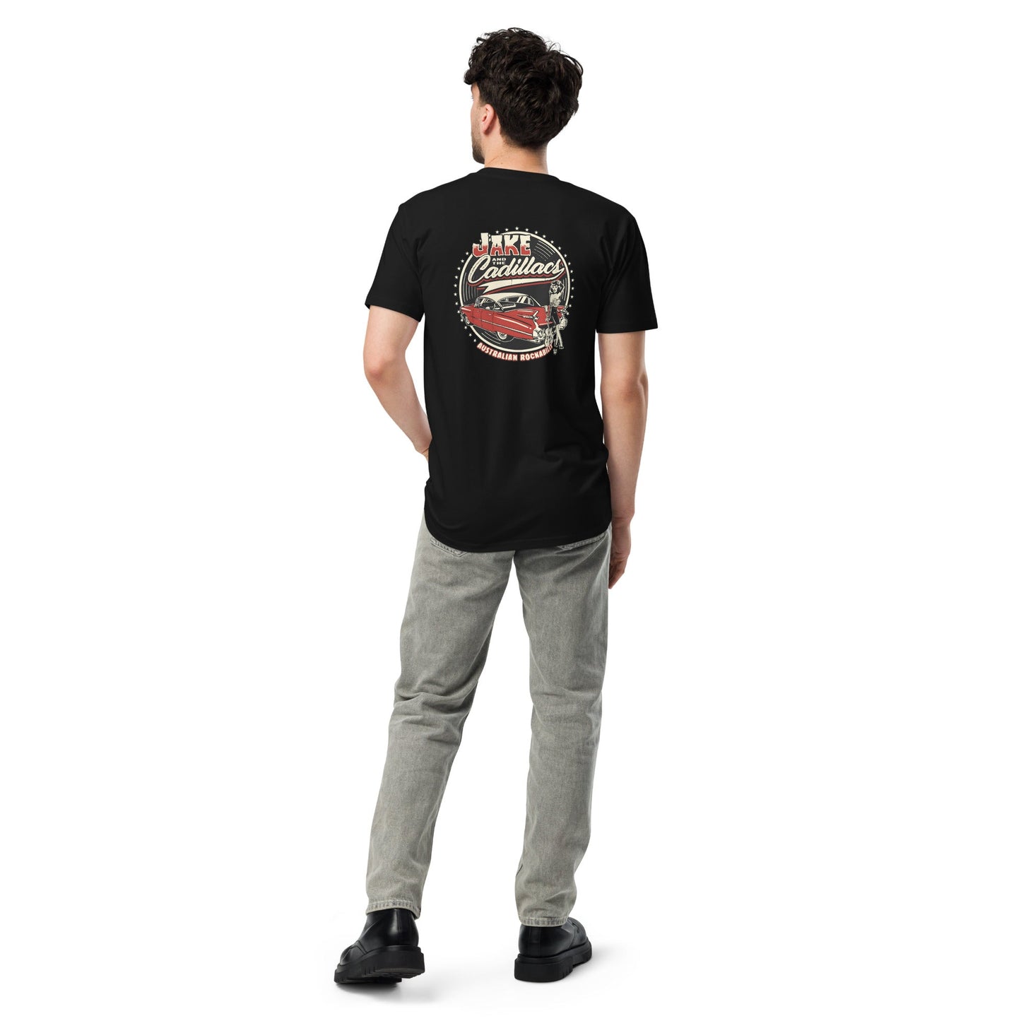 Jake and The Cadillacs Crew Style Tee - Shirt with Red Vince Ray Logo - Rockabilly Australia Pty Ltd