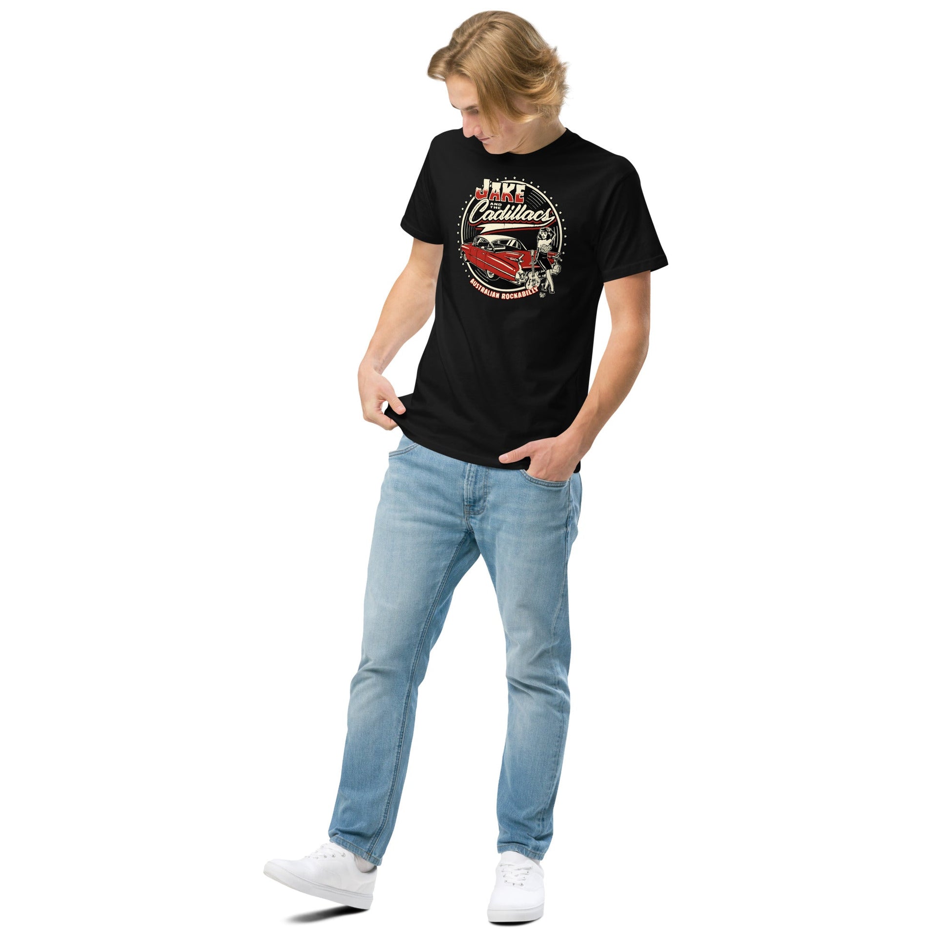 Jake and The Cadillacs Tee - Shirt with Red Vince Ray Logo - Rockabilly Australia Pty Ltd