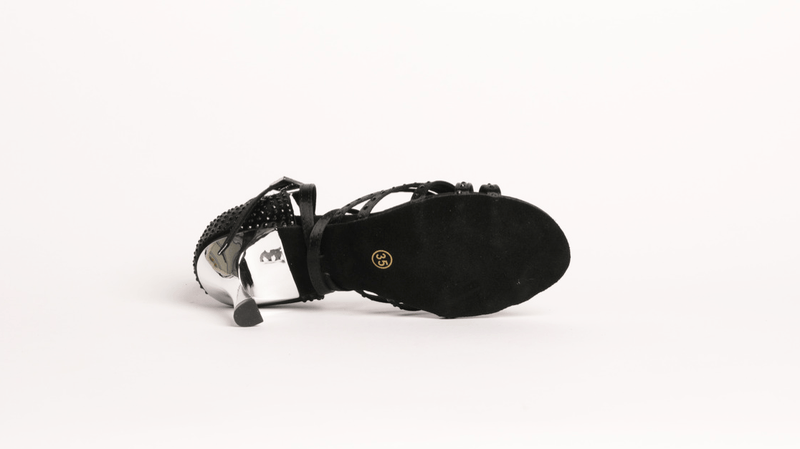 Ladies, 5 Strap, Fixed, Woven Vamp, 3.3 Inch, 2 Way Ankle Strap, High Performance Dance Shoe, In Black Satin With Black Diamonte - (S23BC) - Rockabilly Australia Pty Ltd