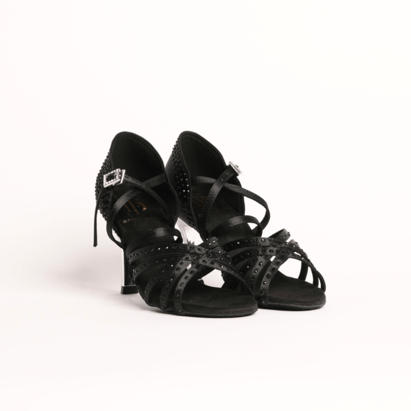 Ladies, 5 Strap, Fixed, Woven Vamp, 3.3 Inch, 2 Way Ankle Strap, High Performance Dance Shoe, In Black Satin With Black Diamonte - (S23BC) - Rockabilly Australia Pty Ltd