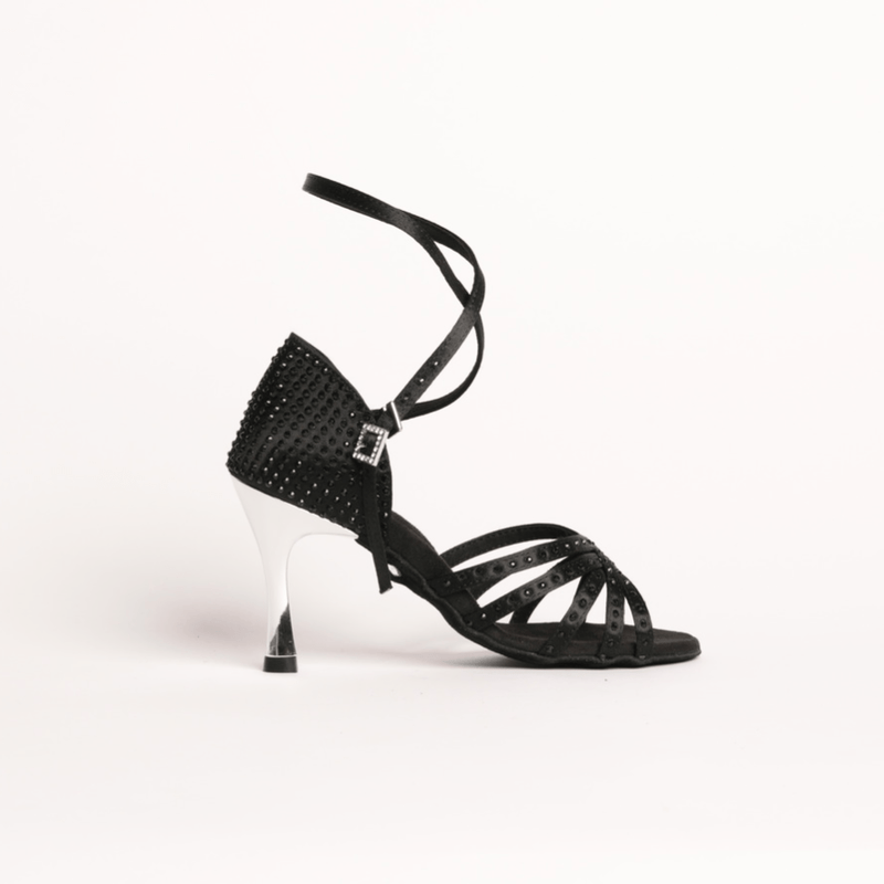 Ladies, 5 Strap, Fixed, Woven Vamp, 3.3 Inch, 2 Way Ankle Strap, High Performance Dance Shoe, In Black Satin With Black Diamonte - (S23BC) - Rockabilly Australia Pty Ltd
